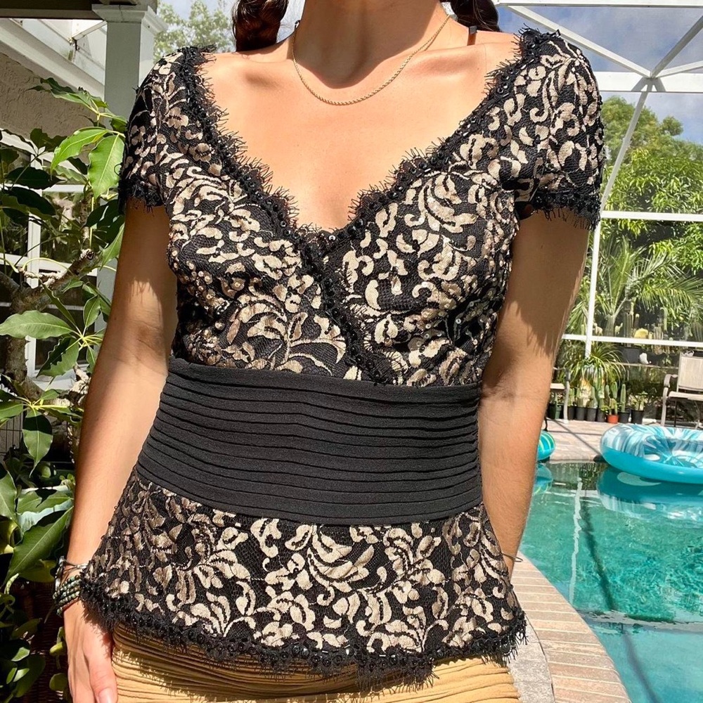 Tasashi Soji Formal Black and Gold Lace Blouse
